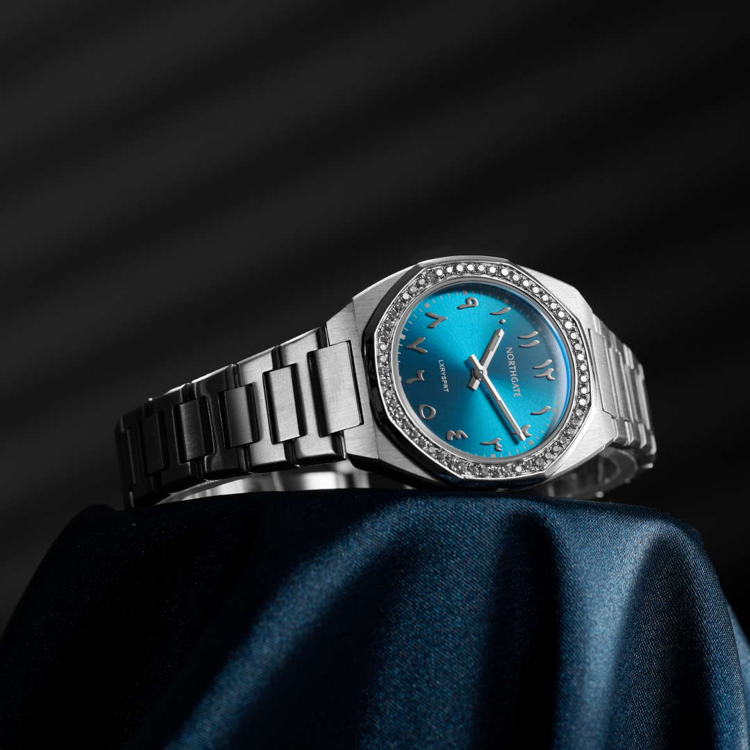 Frame-1984078337.png Pacific Blue with Arabic Numbers diamond silver size 34mm - Image 1